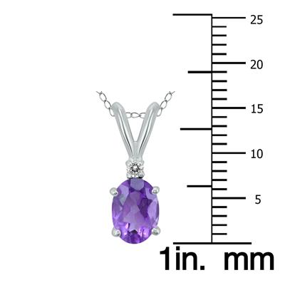 14K White Gold 7x5MM Oval Amethyst and Diamond Pendant