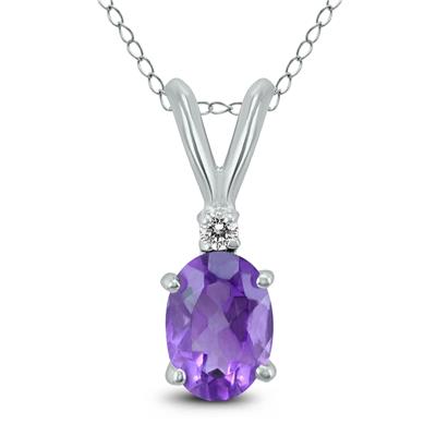 14K White Gold 8x6MM Oval Amethyst and Diamond Pendant