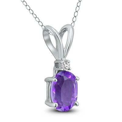 14K White Gold 8x6MM Oval Amethyst and Diamond Pendant