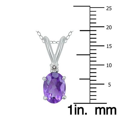 14K White Gold 8x6MM Oval Amethyst and Diamond Pendant