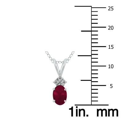 14K White Gold 5x3MM Oval Ruby and Three Stone Diamond Pendant