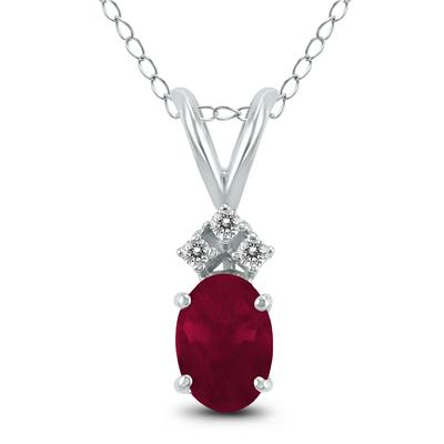14K White Gold 5x3MM Oval Ruby and Three Stone Diamond Pendant