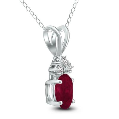 14K White Gold 5x3MM Oval Ruby and Three Stone Diamond Pendant