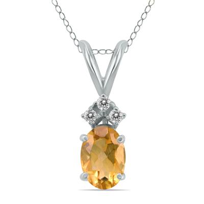 14K White Gold 6x4MM Oval Citrine and Three Stone Diamond Pendant