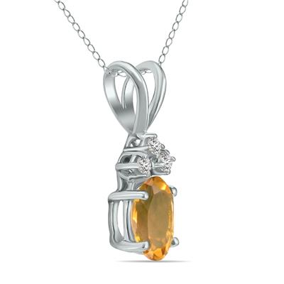 14K White Gold 6x4MM Oval Citrine and Three Stone Diamond Pendant