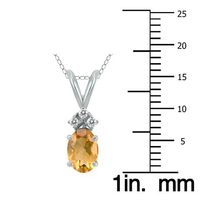 14K White Gold 6x4MM Oval Citrine and Three Stone Diamond Pendant