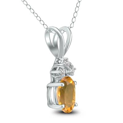 14K White Gold 8x6MM Oval Citrine and Three Stone Diamond Pendant
