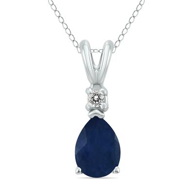 14K White Gold 5x3MM Pear Sapphire and Diamond Pendant