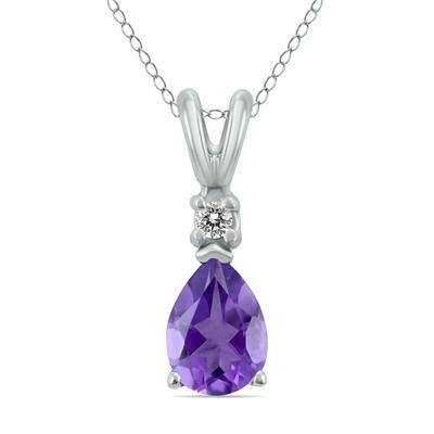14K White Gold 6x4MM Pear Amethyst and Diamond Pendant