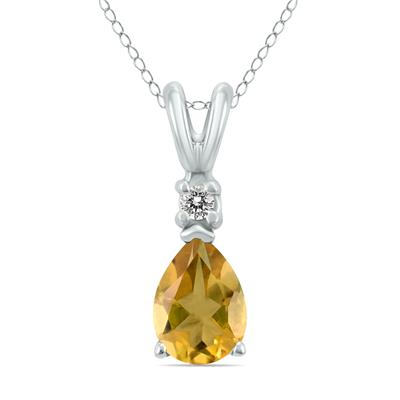 14K White Gold 6x4MM Pear Citrine and Diamond Pendant