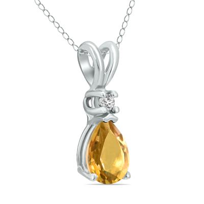 14K White Gold 6x4MM Pear Citrine and Diamond Pendant