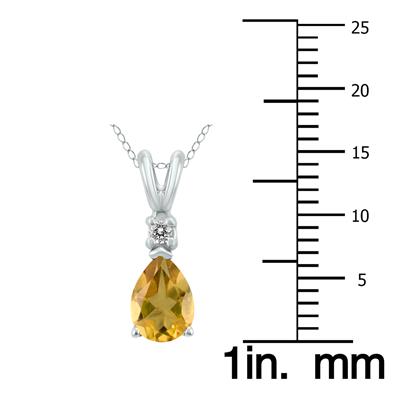 14K White Gold 6x4MM Pear Citrine and Diamond Pendant