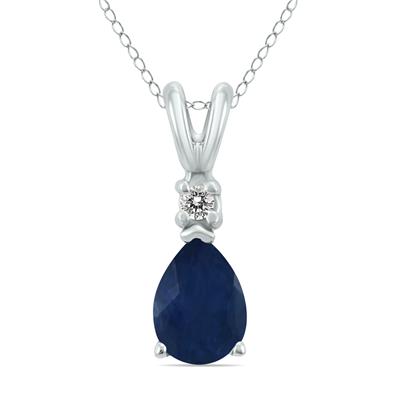 14K White Gold 6x4MM Pear Sapphire and Diamond Pendant