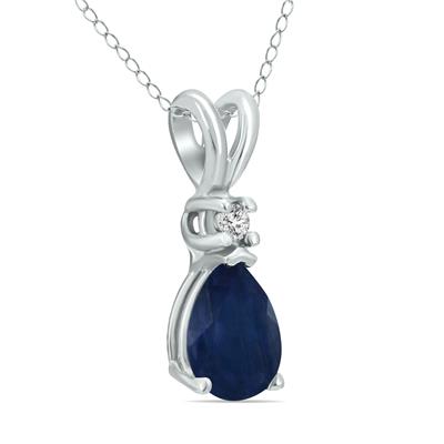 14K White Gold 6x4MM Pear Sapphire and Diamond Pendant