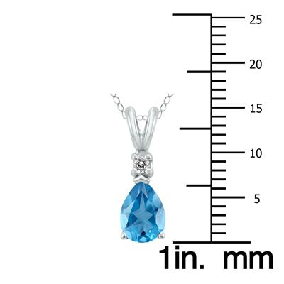 14K White Gold 7x5MM Pear Blue Topaz and Diamond Pendant