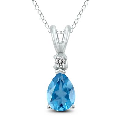 14K White Gold 7x5MM Pear Blue Topaz and Diamond Pendant
