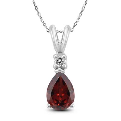 14K White Gold 7x5MM Pear Garnet and Diamond Pendant