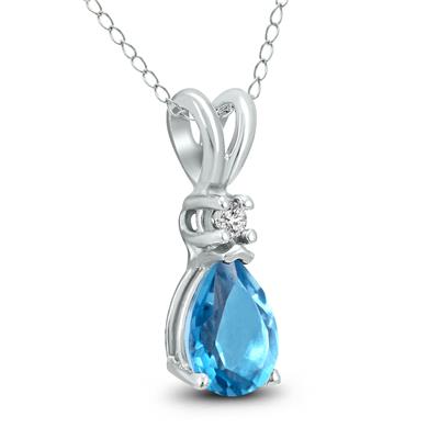 14K White Gold 8x6MM Pear Blue Topaz and Diamond Pendant