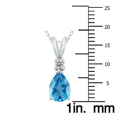 14K White Gold 8x6MM Pear Blue Topaz and Diamond Pendant