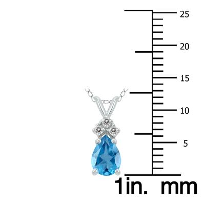 14K White Gold 6x4MM Pear Blue Topaz and Three Stone Diamond Pendant