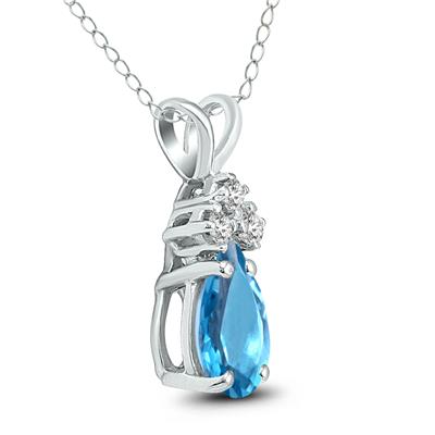 14K White Gold 6x4MM Pear Blue Topaz and Three Stone Diamond Pendant