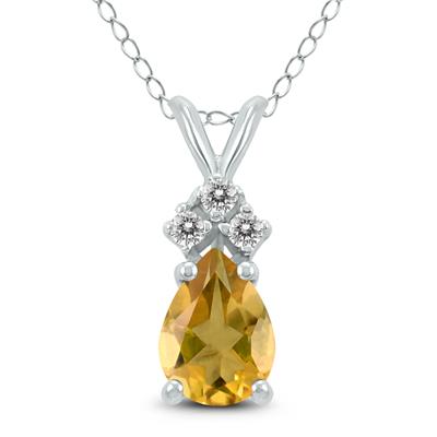 14K White Gold 6x4MM Pear Citrine and Three Stone Diamond Pendant