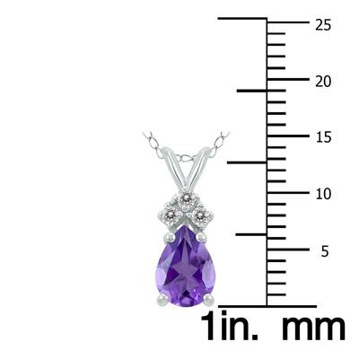 14K White Gold 7x5MM Pear Amethyst and Three Stone Diamond Pendant