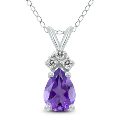 14K White Gold 7x5MM Pear Amethyst and Three Stone Diamond Pendant