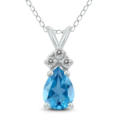 14K White Gold 8x6MM Pear Blue Topaz and Three Stone Diamond Pendant