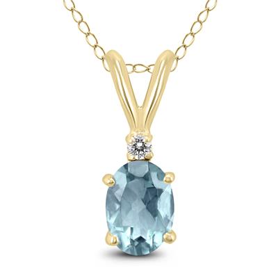 14K Yellow Gold 5x3MM Oval Aquamarine and Diamond Pendant