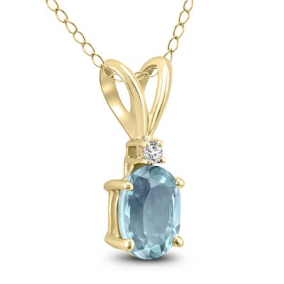 14K Yellow Gold 5x3MM Oval Aquamarine and Diamond Pendant