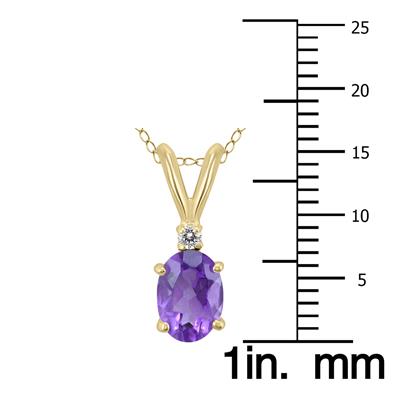 14K Yellow Gold 7x5MM Oval Amethyst and Diamond Pendant