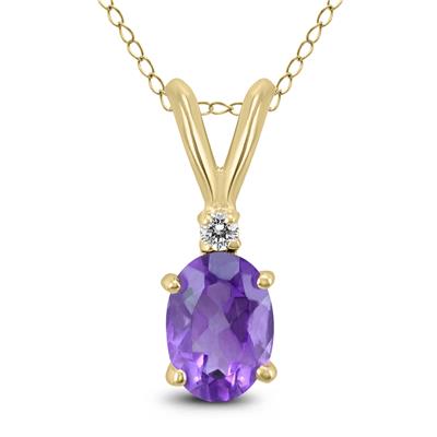 14K Yellow Gold 8x6MM Oval Amethyst and Diamond Pendant