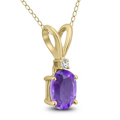 14K Yellow Gold 8x6MM Oval Amethyst and Diamond Pendant