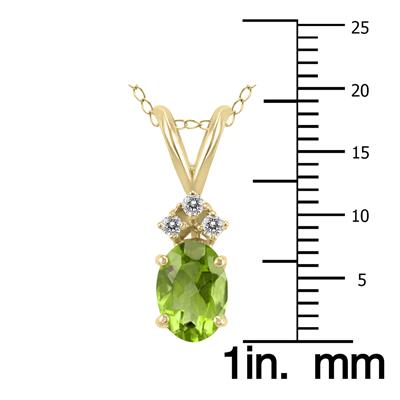 14K Yellow Gold 8x6MM Oval Peridot and Three Stone Diamond Pendant