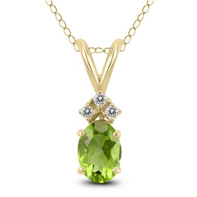 14K Yellow Gold 8x6MM Oval Peridot and Three Stone Diamond Pendant