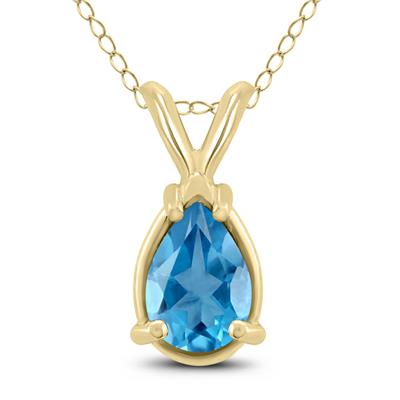 14K Yellow Gold 8x6MM Pear Blue Topaz Pendant