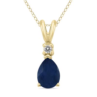 14K Yellow Gold 5x3MM Pear Sapphire and Diamond Pendant