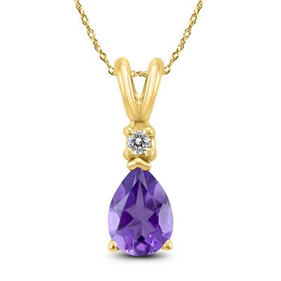14K Yellow Gold 8x6MM Pear Amethyst and Diamond Pendant