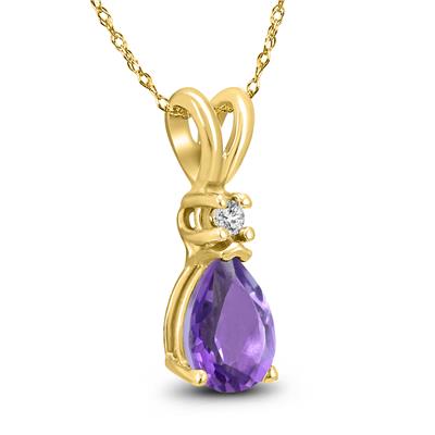 14K Yellow Gold 8x6MM Pear Amethyst and Diamond Pendant