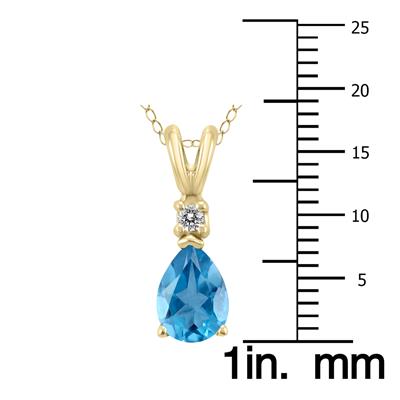 14K Yellow Gold 8x6MM Pear Blue Topaz and Diamond Pendant