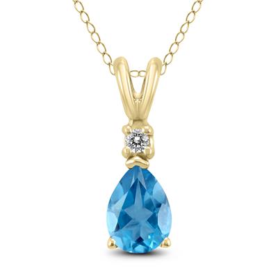 14K Yellow Gold 8x6MM Pear Blue Topaz and Diamond Pendant