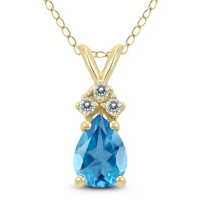 14K Yellow Gold 6x4MM Pear Blue Topaz and Three Stone Diamond Pendant