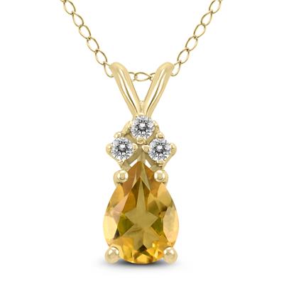 14K Yellow Gold 6x4MM Pear Citrine and Three Stone Diamond Pendant