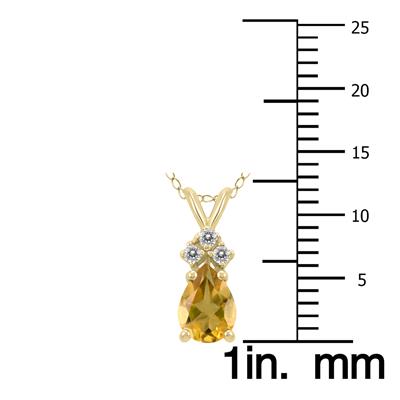 14K Yellow Gold 6x4MM Pear Citrine and Three Stone Diamond Pendant