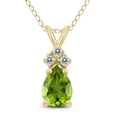 14K Yellow Gold 6x4MM Pear Peridot and Three Stone Diamond Pendant