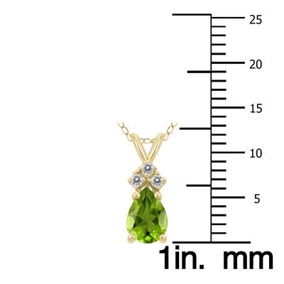 14K Yellow Gold 6x4MM Pear Peridot and Three Stone Diamond Pendant