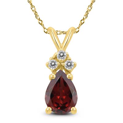 14K Yellow Gold 7x5MM Pear Garnet and Three Stone Diamond Pendant