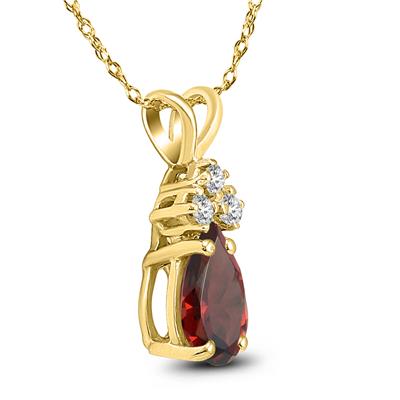 14K Yellow Gold 7x5MM Pear Garnet and Three Stone Diamond Pendant