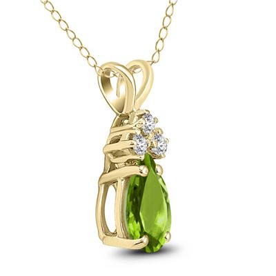 14K Yellow Gold 8x6MM Pear Peridot and Three Stone Diamond Pendant